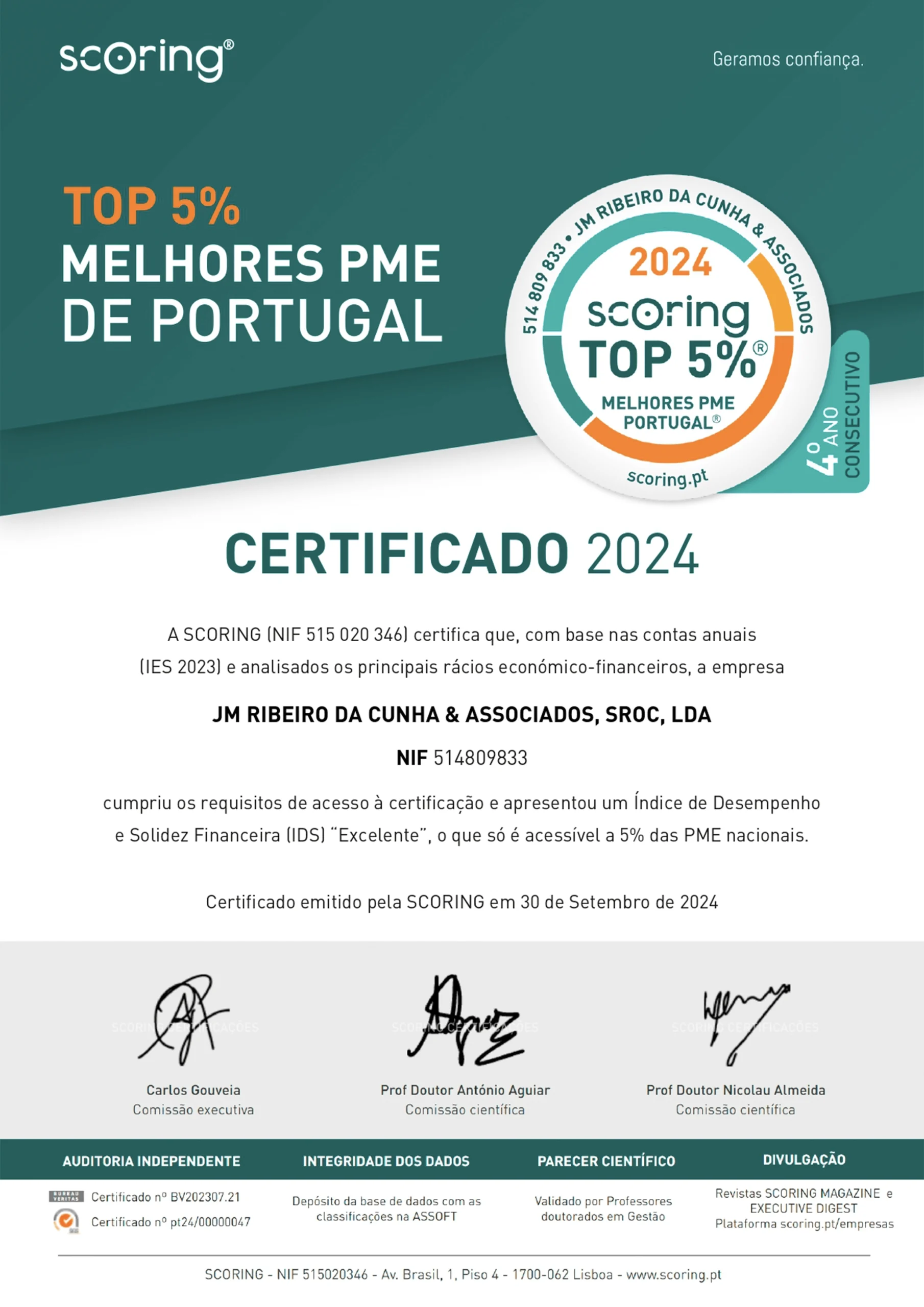 JM Ribeiro da Cunha & Associados distinguida Top Scoring 5%