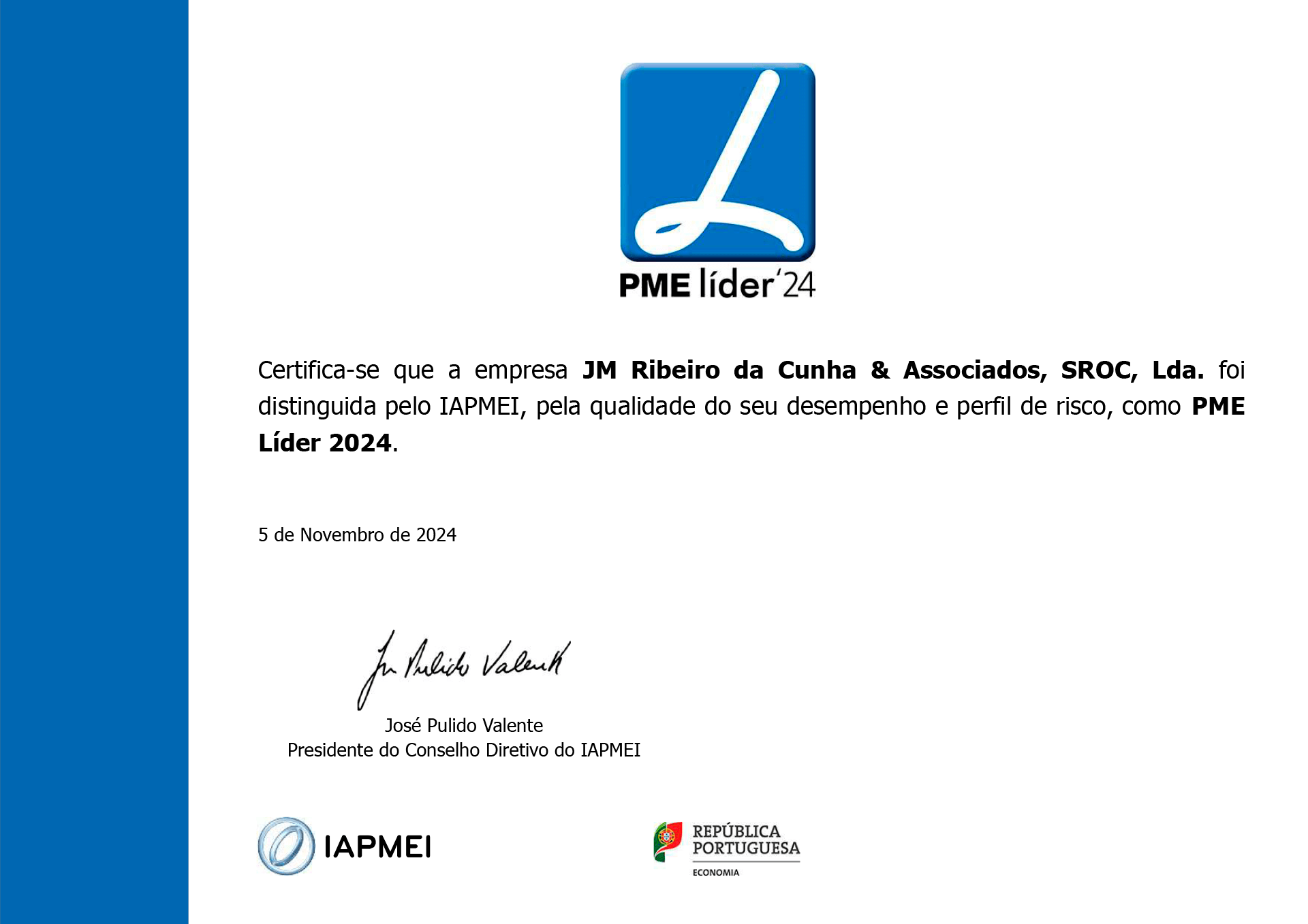 JMRC & Associados obtém estatuto PME Líder 2024